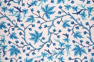Cotton Crewel Embroidered Fabric Maple, Blue on White