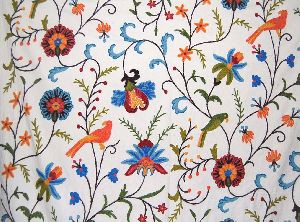 Cotton Crewel Embroidered Fabric Parrots, Multicolor