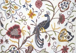 Cotton Crewel Embroidered Fabric "Peacock", Multicolor