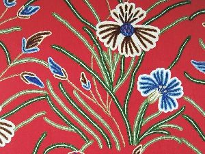 Cotton Crewel Embroidered Fabric Red, Multicolor