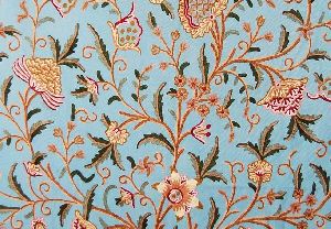 Cotton Crewel Embroidered Fabric "Tree of Life" Turquoise, Multicolor