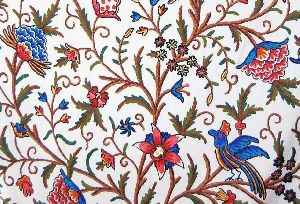Cotton Crewel Embroidered Fabric "Tree of Life" Birds, Multicolor