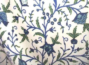 Cotton Crewel Embroidered Fabric "Tree of Life", Blue and Green