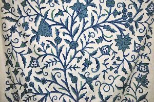 Cotton Crewel Embroidered Fabric Tree of Life, Blue on White