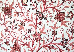 Cotton Crewel Embroidered Fabric "Tree of Life", Pink on White
