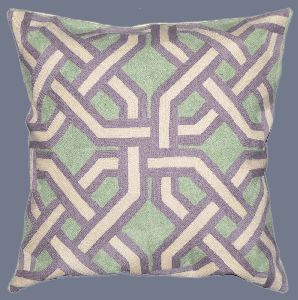 CREWEL WOOL EMBROIDERED CUSHION PILLOW COVER, GREEN AND PURPLE