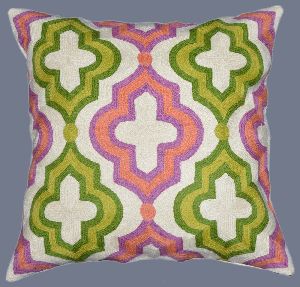 CREWEL WOOL EMBROIDERED CUSHION PILLOW COVER, PINK AND GREEN