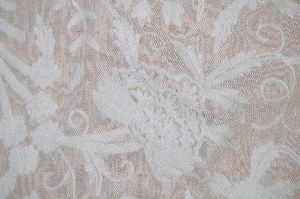 Jute Crewel Embroidered Fabric "Tree of Life", White on Beige