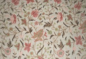 Linen Crewel Embroidered Fabric Floral Beige, Multicolor