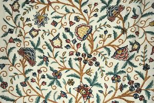 Linen Crewel Embroidered Fabric "Tree of Life" Beige, Multicolor