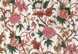 Silk Crewel Embroidered Fabric Gold, Multicolor
