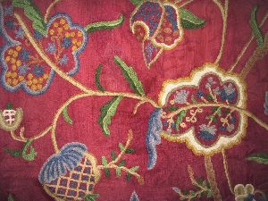 Silk Organza Crewel Embroidered Sheer Fabric Burgundy, Multicolor