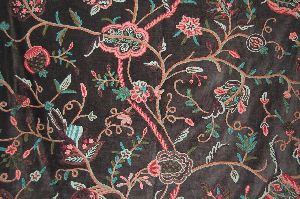 Velvet Crewel Embroidered Fabric Dark Brown, Multicolor