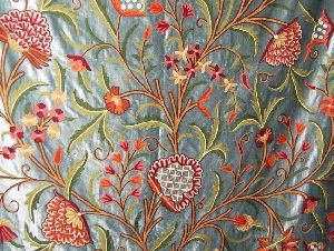 Velvet Crewel Embroidered Fabric Teal, Multicolor