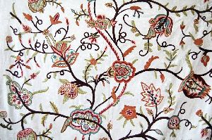 Velvet Crewel Embroidered Fabric White, Multicolor