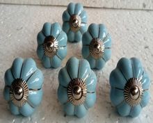 hand painted light blue and silver pumpkin shape silver fitting fancy ceramic door knob