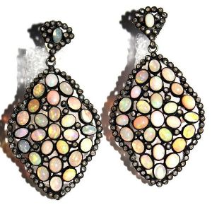 925 Sterling Silver Diamond and Natural Ethiopian Opal Gemstone Earring
