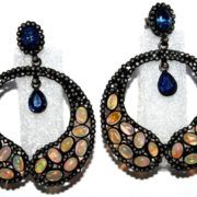 925 Sterling Silver Diamond, Natural Opal, Tanzanite Gemstone Earring