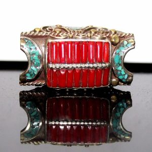 German Silver Coral and Turquoise Gemstone Gold Plated Ring
