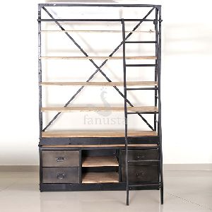 Industrial Style Wood and Iron Shelf With Ladder and Drawers