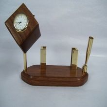 Wood base table clock with two pen holder
