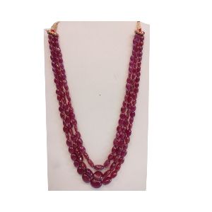 Natural Ruby Glass Filled Gemstone Plain Hand Polished Oval Stone Beads 3 Strings Necklace GSN92