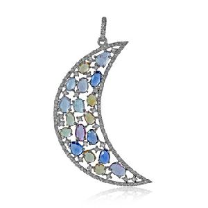 Multi Sapphire Pave Diamond Crescent Moon Pendant