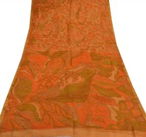 Antique vintage 100% pure silk saree saffron printed sari dcor craft fabric