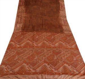 Sanskriti antique intage 100% pure silk saree brown printed sari craft fabric