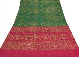Sanskriti vintage 100% pure cotton saree green floral painted sari fabric