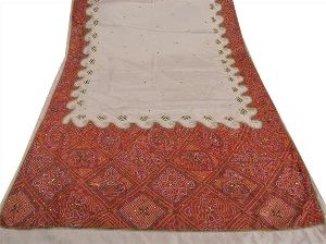 Sanskriti vintage indian art silk saree hand beaded cream fabric cultural sari