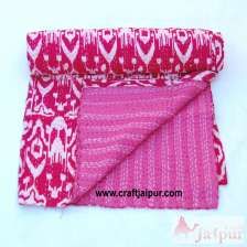 Indian Queen Size Kantha Quilt, Floral Printed Gudri, Handmade Bedspread Throw