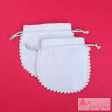 Small Drawstring Cotton Pouches, Round Pom Pom Jewelry Bags
