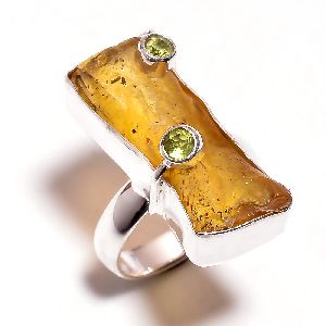 Amber Peridot Raw Gemstone 925 Sterling Silver Ring Size 6.75