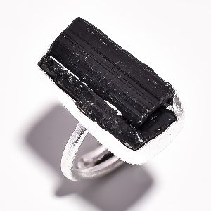 Black Tourmaline Raw Gemstone 925 Sterling Silver Ring Size 7.25 Adjustable