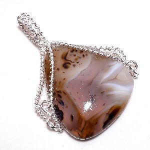 Dendrite Opal Gemstone 925 Sterling Silver Wire Wrapped Pendant