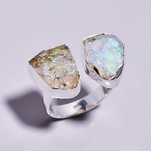Ethiopian Opal Raw Gemstone 925 Sterling Silver Ring Size 6.75 Adjustable