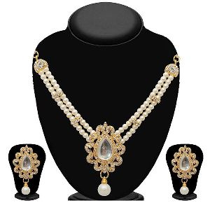White Austrian Stone Gold Plated Pearl Necklace Set