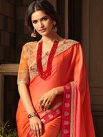 Shaded Pink And Orange Jaquard Silk Saree