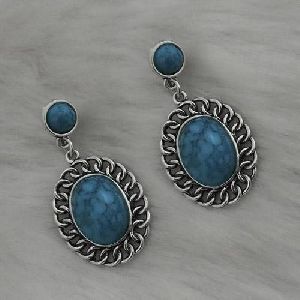Silver Plated Blue Turquoise Stone Dangler Earrings