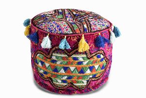 Velvet Embroidery Pouf Ottoman