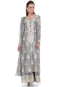Grey Hand Embroidered Pure Silk Suit Material