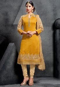 Yellow Hand Embroidered Pure Silk Suit Material