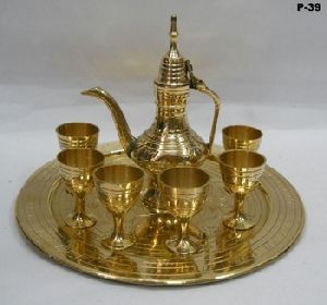 Antique Golden Royal  Glass, Surahi and Tray Set Pure Brass Handicraft