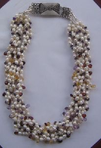 Pearl,amethyst,citrine and garnet bead necklace