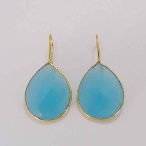 18K Gold Plated Blue Chalcedony Faceted Gemstone Teardrop Earrings