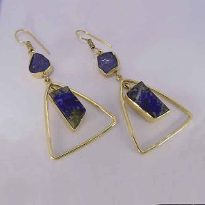 18K Gold Plated Raw Tanzanite And Lapis Lazuli Gemstone Dangle Earrings