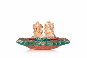 LAKSHMI, GANESHA WITH DIYA ON LEAFY EDGED PLATE (PAINTED)