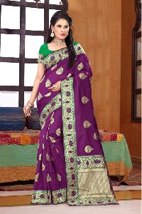 Purple Printed Meenakari Banarasi Sarees