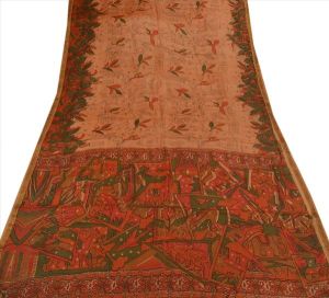 100% Pure Silk Saree Red Printed Ethnic Sari Home Craft Fabric